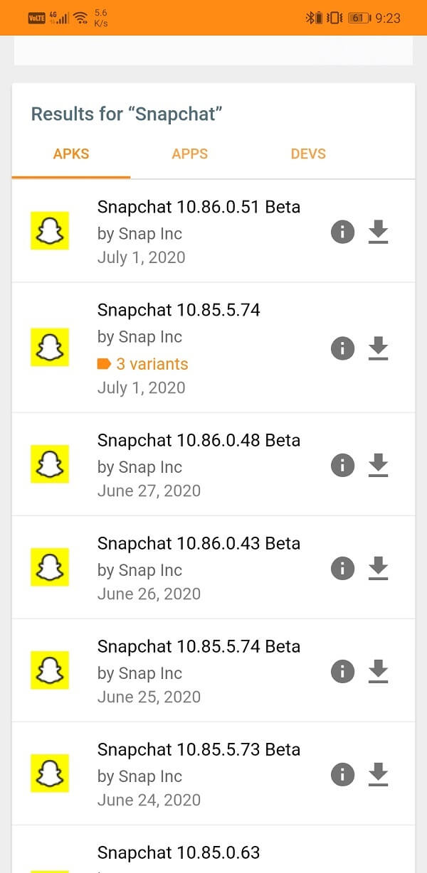 Search for Snapchat and look for a version that is at least a couple of months old and tap on it