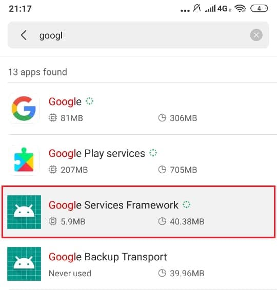 Wyszukaj „Google Services Framework” i dotknij go