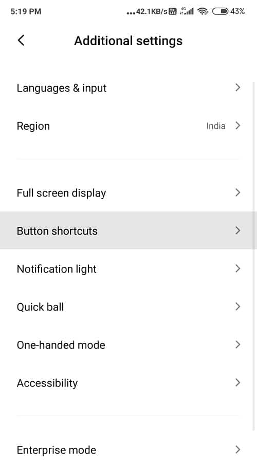 Search for Additional Settings and navigate Button Shortcuts. Tap on it