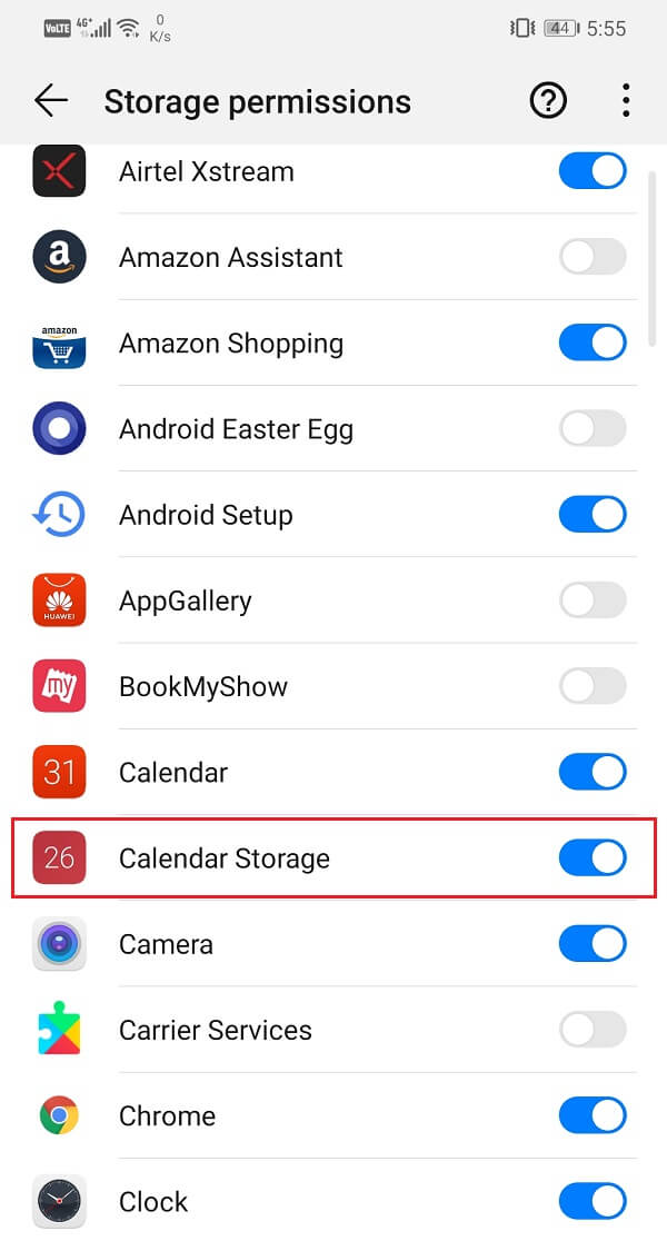 Search for Calendar Storage and toggle on the switch next to it to enable it