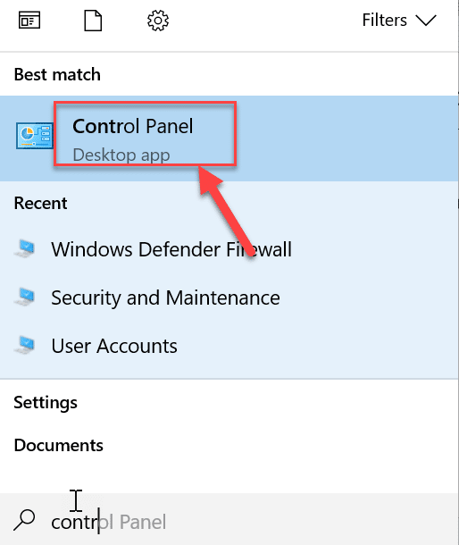 Search for Control Panel using the Windows Search