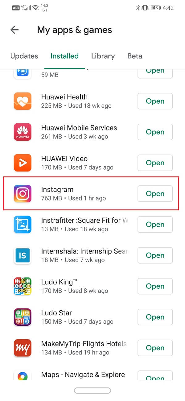 Search for Instagram and check if there are any pending updates | Fix Instagram Couldn't refresh feed Error on Android