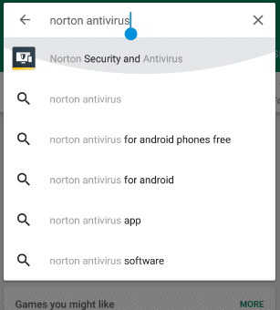 Vyhľadajte antivírus Norton pomocou vyhľadávacieho panela v hornej časti | Odstráňte vírusy Android bez obnovenia továrenských nastavení