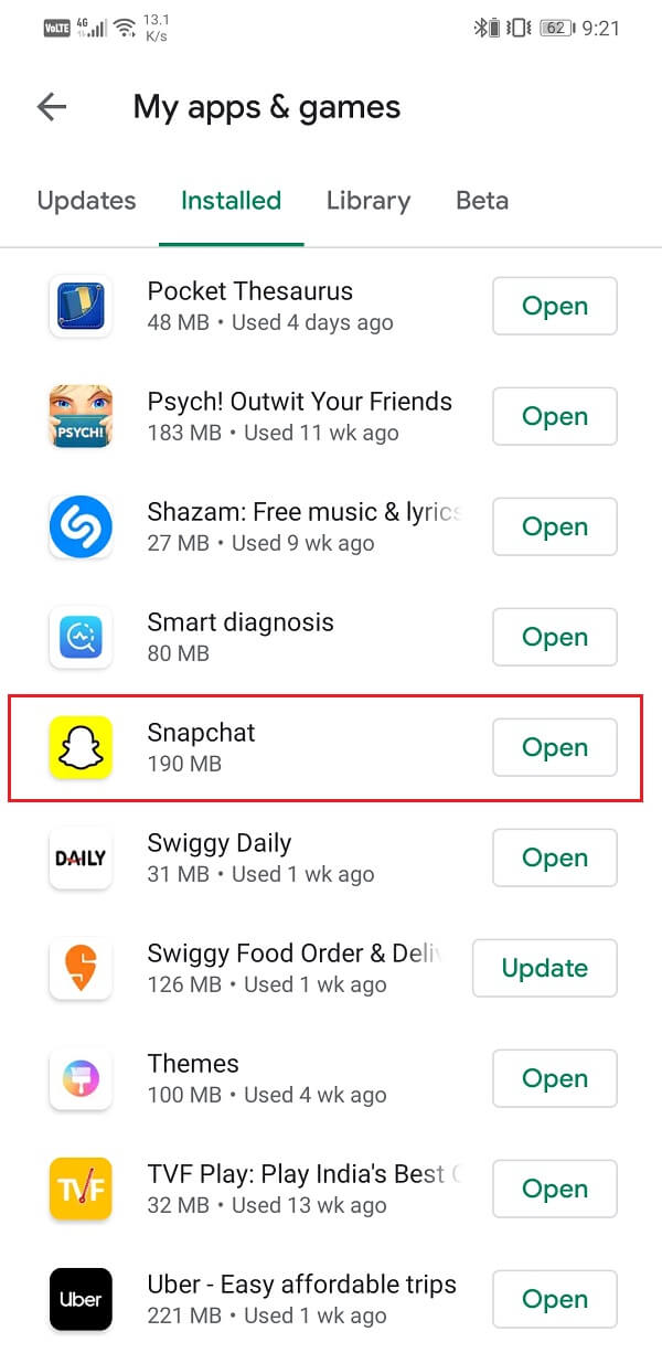 Search for Snapchat and check if there are any pending updates