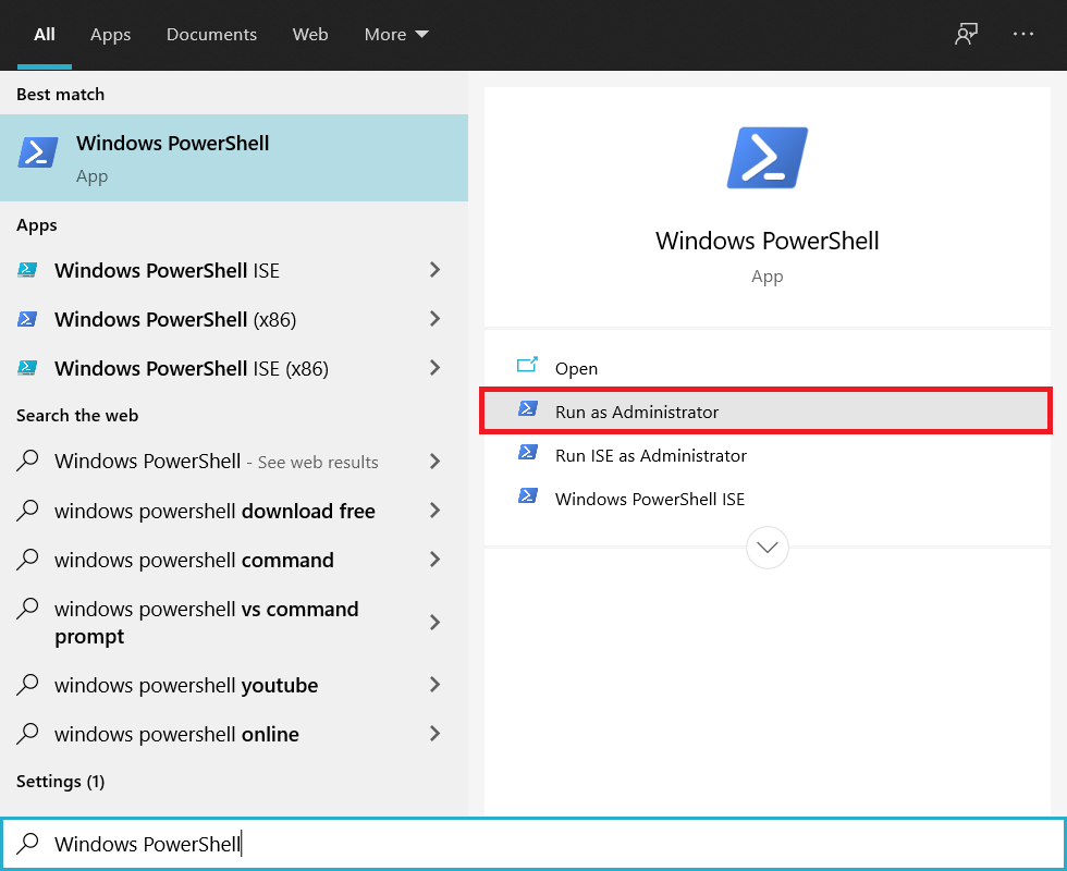 Kërkoni për Windows Powershell në shiritin e kërkimit dhe klikoni në Run as Administrator
