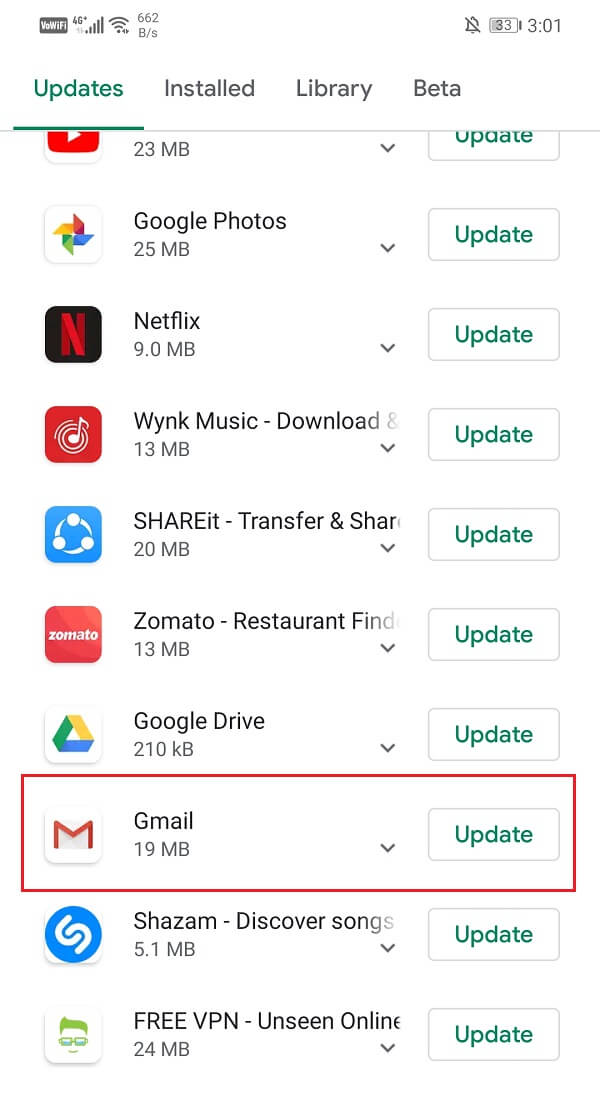 Search for the Gmail app and check if there are any pending updates. | Fix Gmail not receiving emails on Android