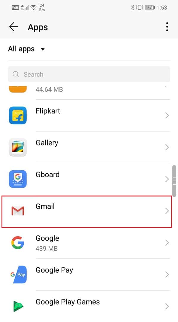 Search for the Gmail app and tap on it | Fix Insufficient Storage Available Error on Android
