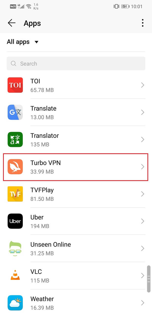 Знайдіть програму VPN і торкніться її, щоб відкрити налаштування програми | Вирішіть, як VPN не підключається на Android