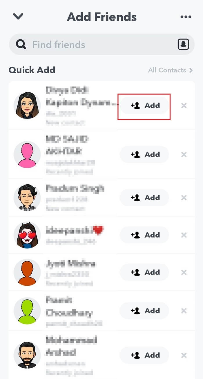 Search for the friend in the list and tap the Add button.