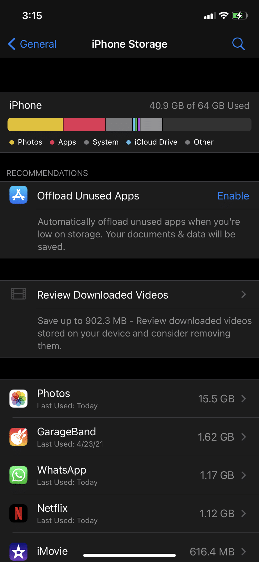 See a list of all applications installed, along with the storage space they are consuming