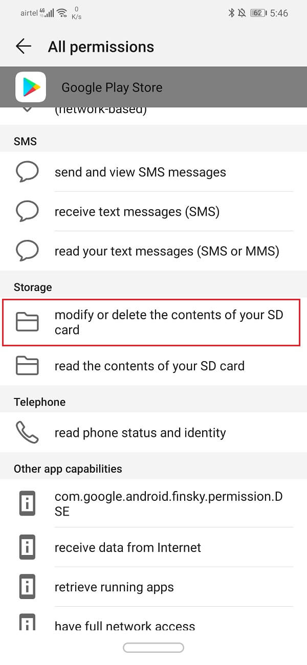 Узнайте, разрешено ли магазину Google Play изменять или удалять содержимое вашей SD-карты.