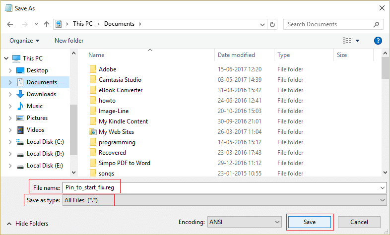 Select All Files from the Save as type dropdown and then name it as Pin_to_start_fix