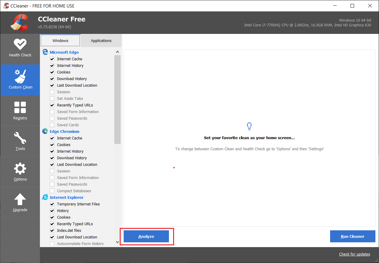 Select Custom Clean then checkmark default in Windows tab | Fix Entry Point Not Found Error in Windows 10