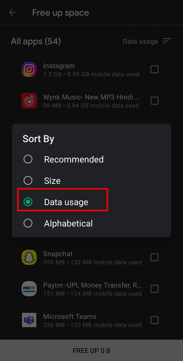 Select Data usage from the available options | How to Free up Internal Storage on Android devices