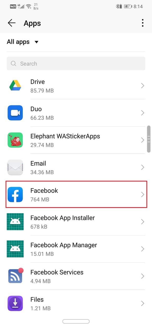 Select Facebook from the list of apps | Fix Facebook Home Page Won't Load Properly