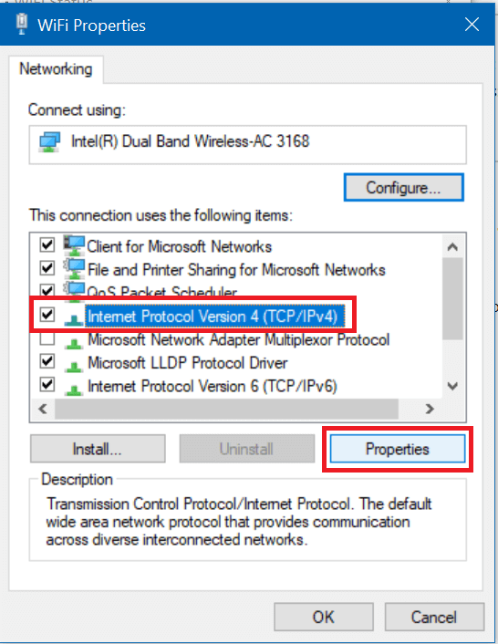 Vyberte Internet Protocol Version 4 (TCPIPv4) a znova kliknite na tlačidlo Vlastnosti
