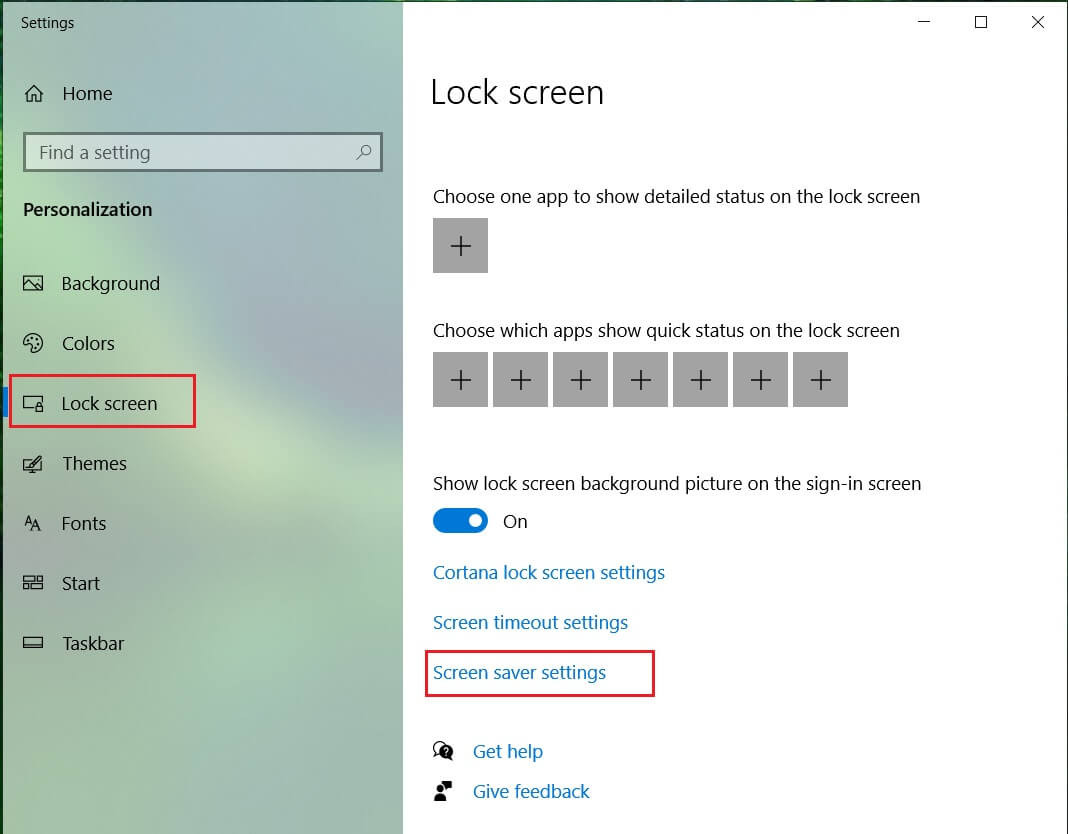 Select Lock screen from the left menu and then click Screen saver settings