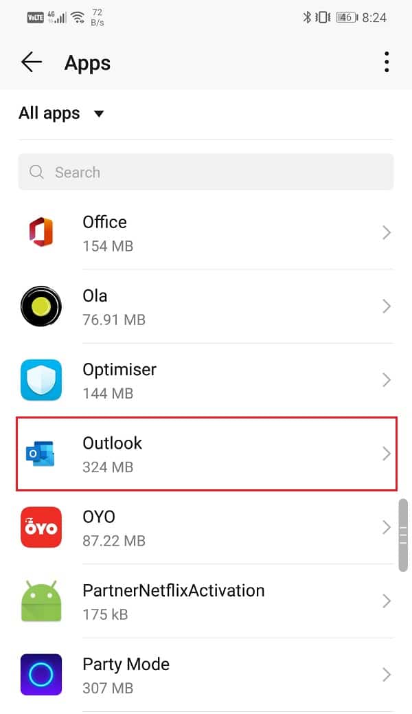 Select Outlook from the list of apps