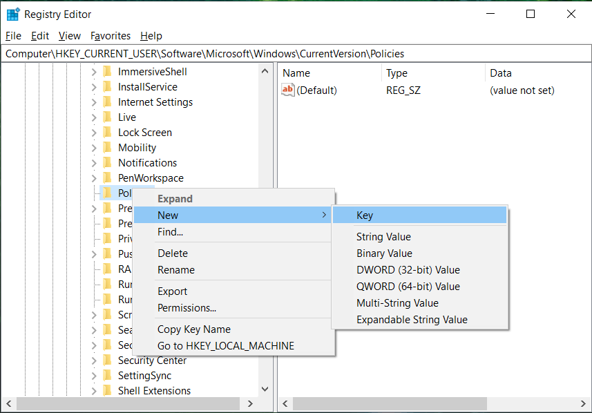 Select Policies then right-click New and select Key and name this key as Attachments