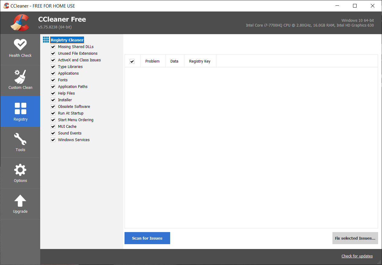 Pilih tab Registry lalu klik Scan for Issues