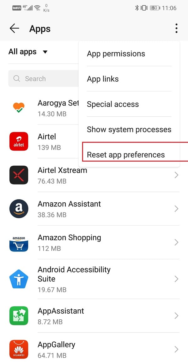 Select Reset app preferences from the drop-down menu