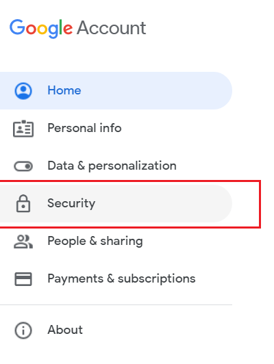 Select Security option from Google Account page