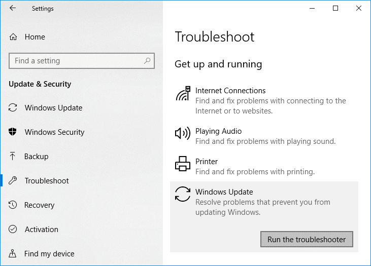 Troubleshoot را انتخاب کنید و سپس در قسمت Get up and running بر روی Windows Update کلیک کنید
