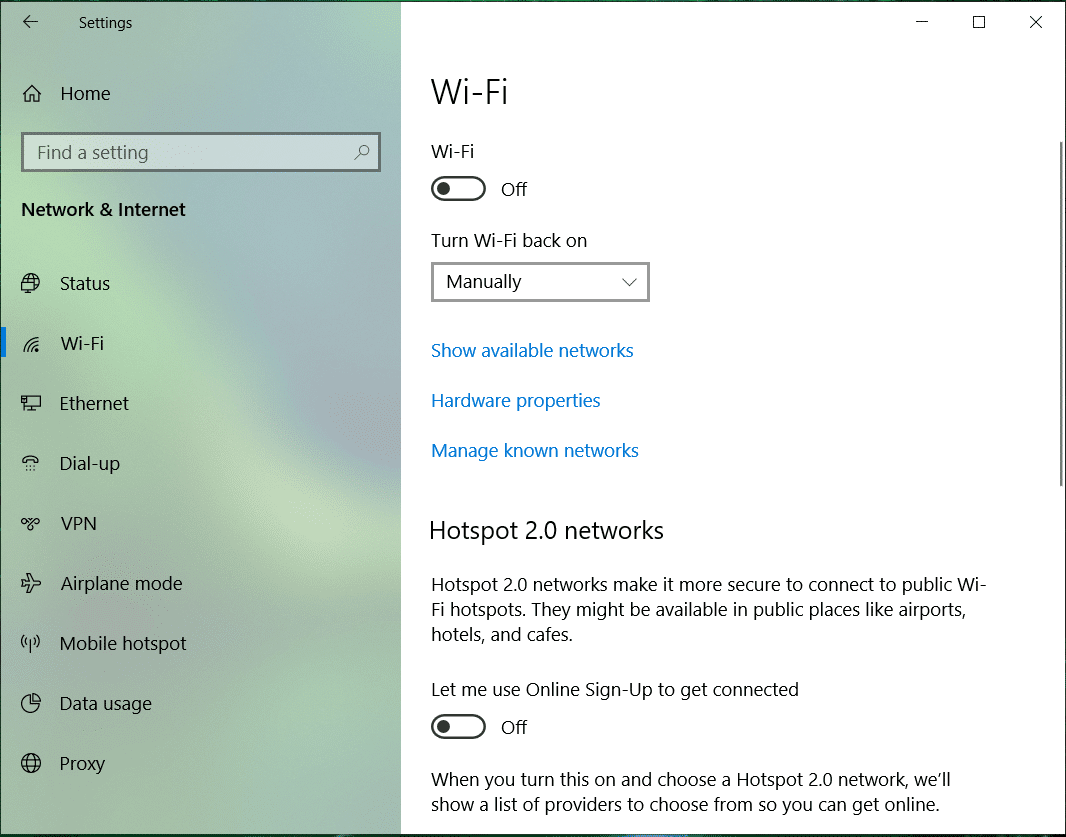 Select Wi-Fi and Disable everything under Wi-Fi Sense in the right window