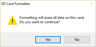 Выберите «Да», чтобы отформатировать все данные на SD-карте.