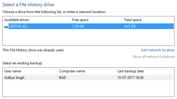 Select a File History drive