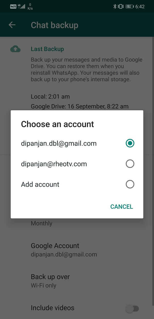 Select account that you would like to save your chat backups