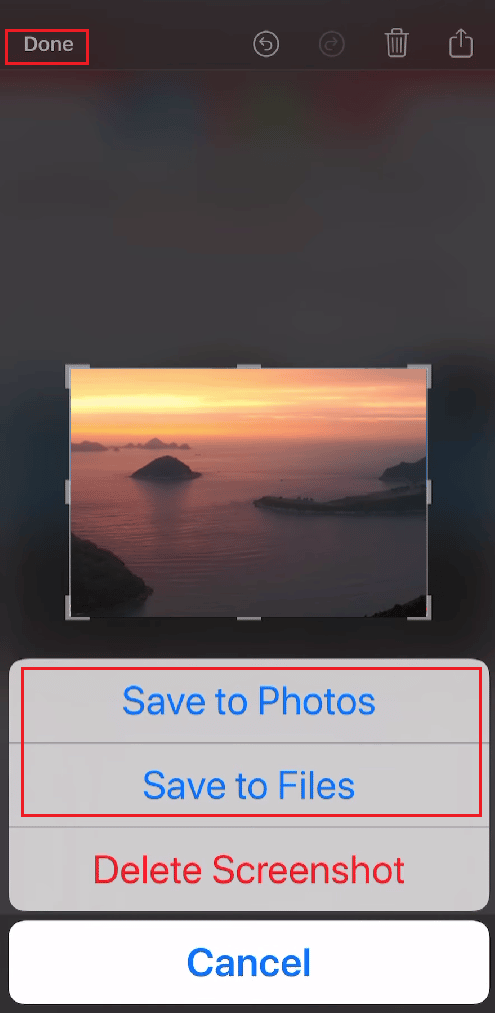 Select and adjust the desired area. Tap on Done. Tap on Save to Photos or Save to Files