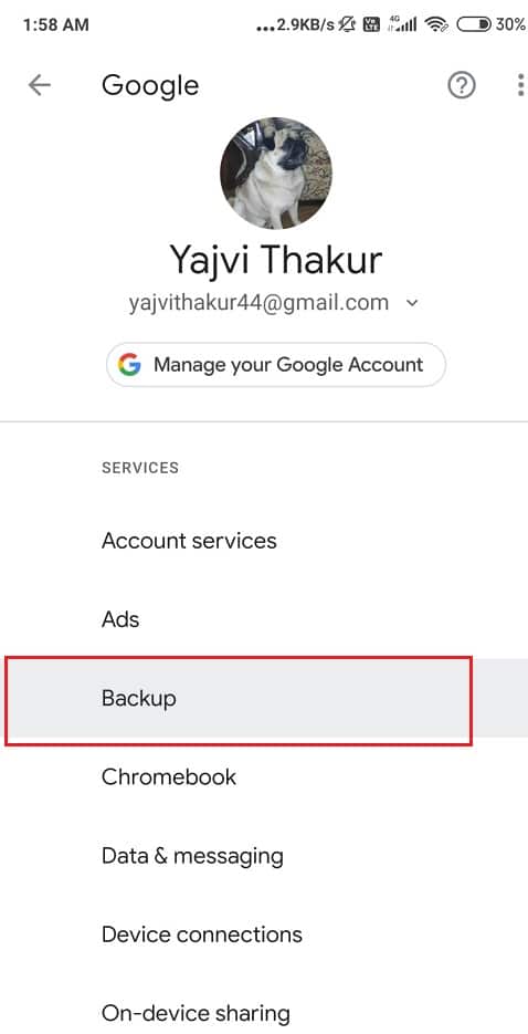 Select it and tap on the Backup option