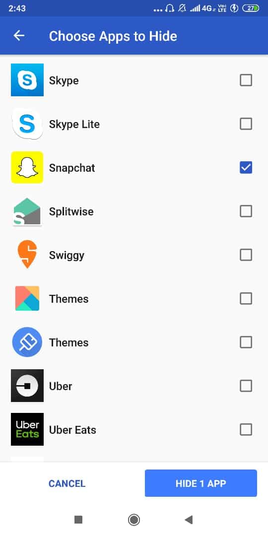 Select one or more apps that you want to hide
