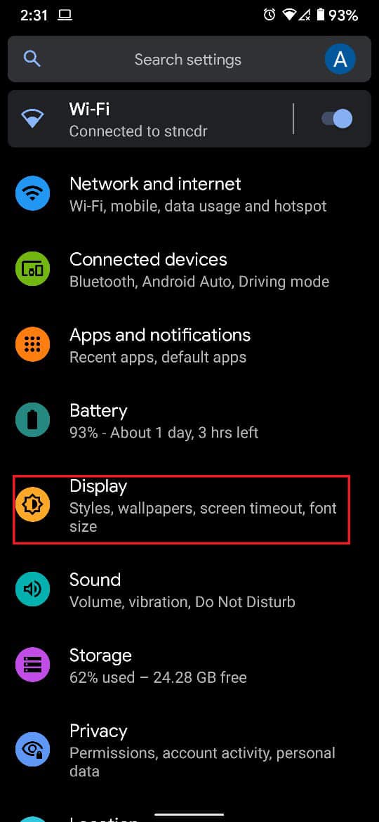 Select the ‘Display’ option to continue