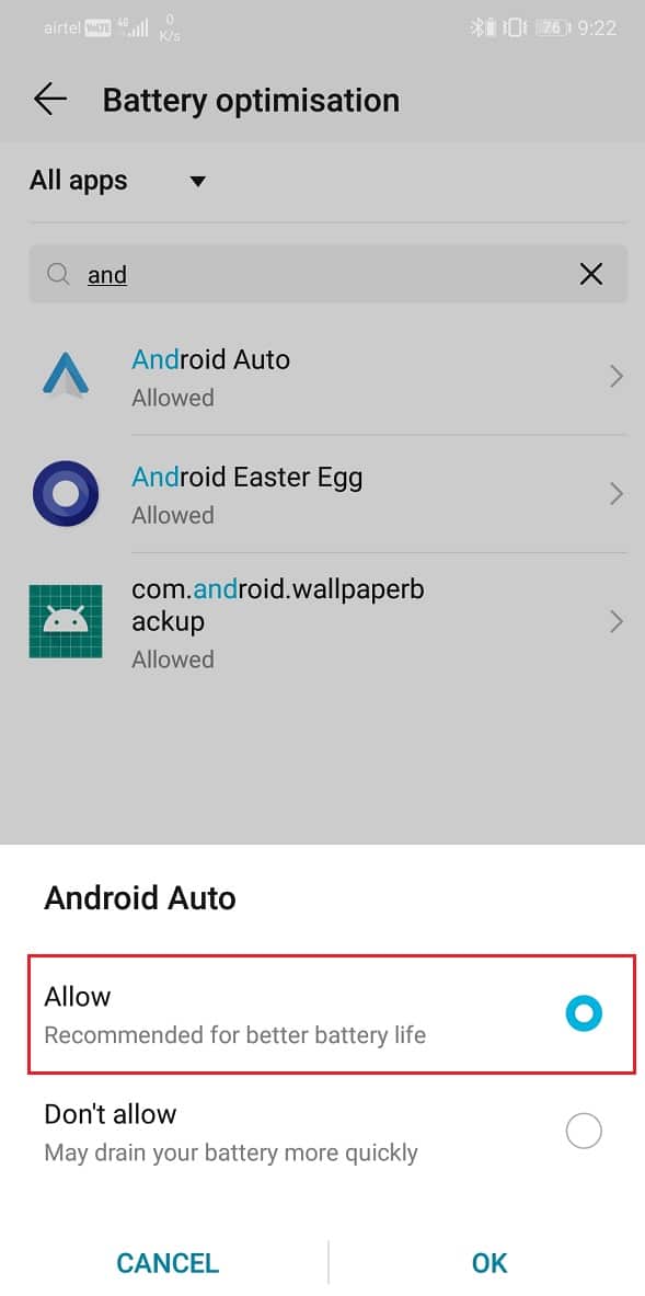 Select the Allow option for Android Auto