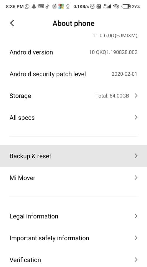 Select the Backup and reset button under About Phone option