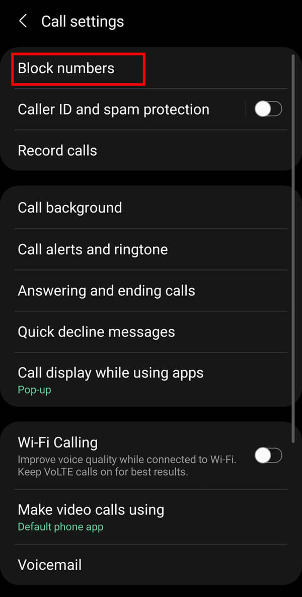 Select the Block numbers or “Call blocking” option from the menu.
