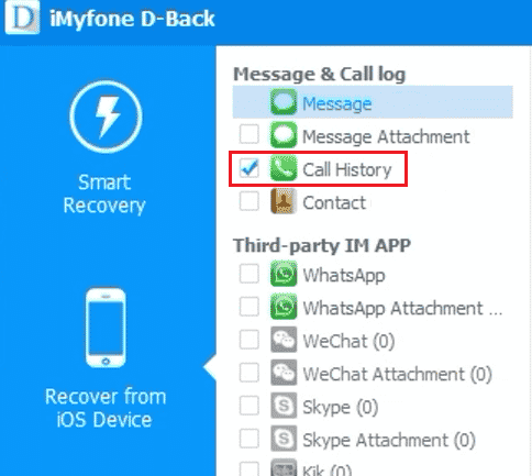 Select the Call History option to find and recover the old call history