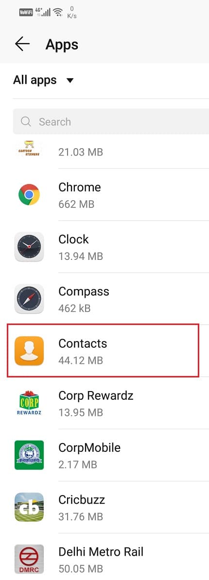 Select the Contacts app from the list of apps