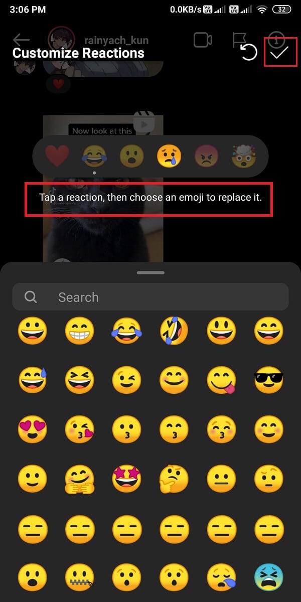 Sélectionnez l'Emoji dans la liste contextuelle par défaut que vous souhaitez remplacer. | Réagissez aux messages Instagram avec des émojis personnalisés