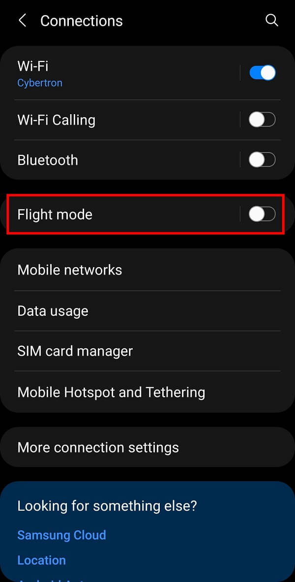 Select the Flight Mode option and turn it on by tapping the button adjacent to it.