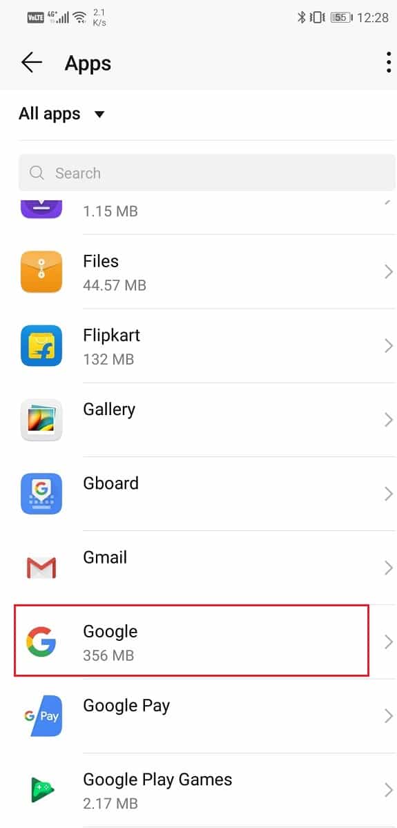 Select the Google app from the list of apps | Fix Google app not working on Android