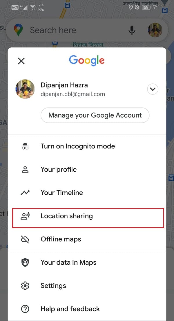 Select the Location sharing option
