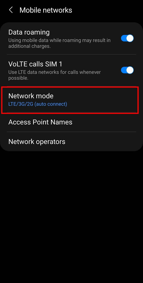 Select the Mobile networks option from the given list and then tap on the Network mode option.