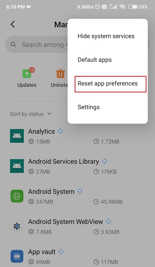 Select the Reset app preferences button from the drop-down menu | How to Fix Android.Process.Media Has Stopped Error