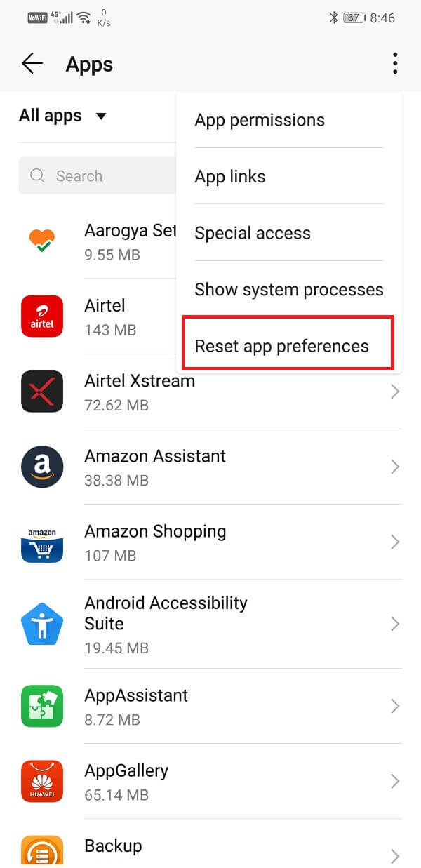 Select the Reset app preferences option from the drop-down menu | Fix Application not installed error on Android