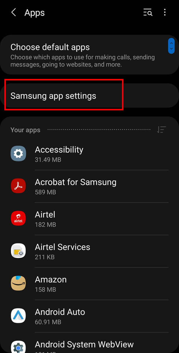Select the Samsung apps option from it.