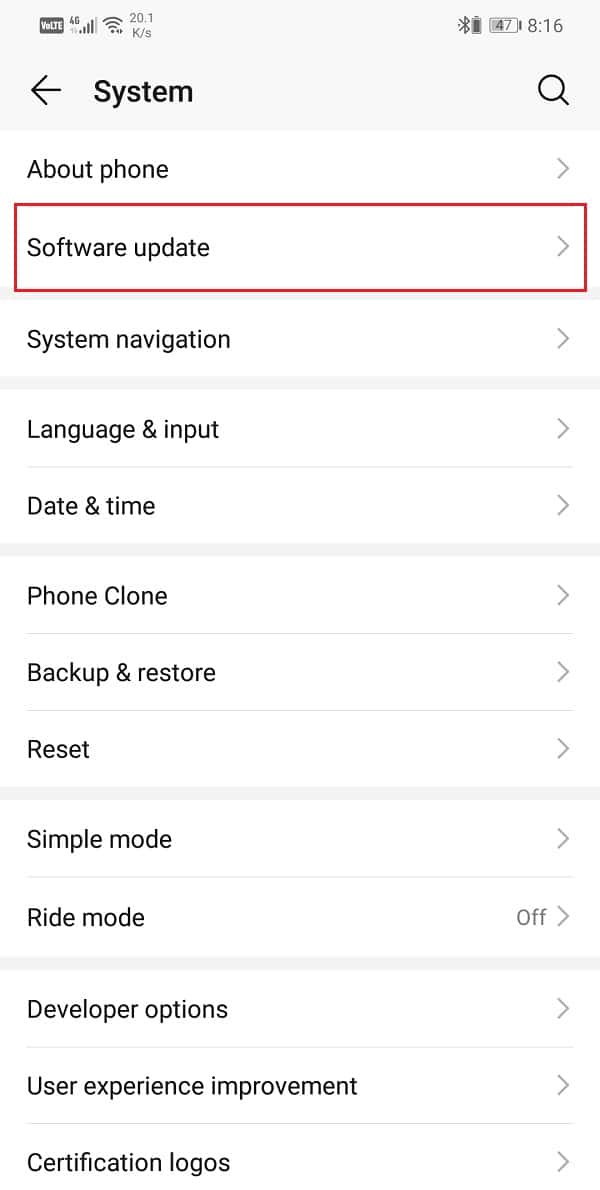 Select the Software update option | Fix Auto-Rotate Not Working on Android