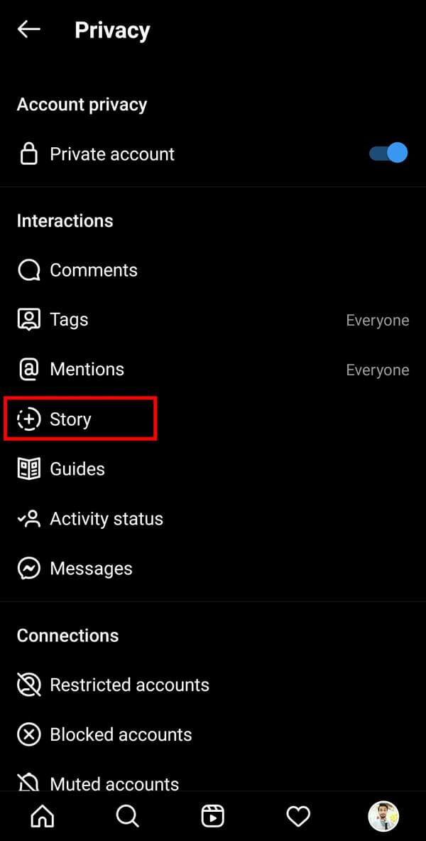 Select the Story option under the Interactions section.  | How to Get “Where is Your Soulmate” Filter on Instagram